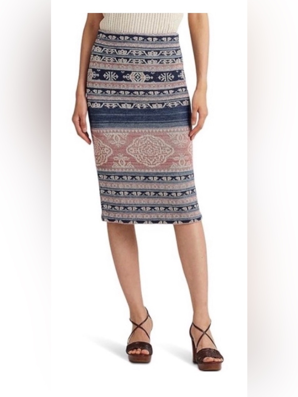 NWOT Lauren Ralph Lauren Women’s Geo-Motif Linen-Cotton Pencil Skirt Sz Medium